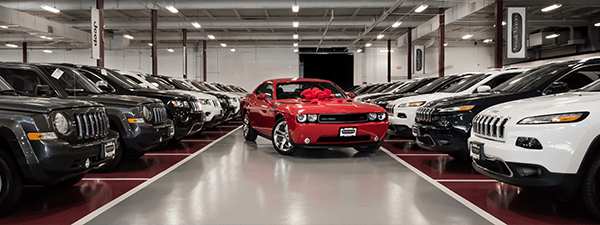 Red Dodge Challenger with bow surrounded by Jeeps at dealership, representing CU Xpress Lease milestone of 195,000 leased vehicles in 2025